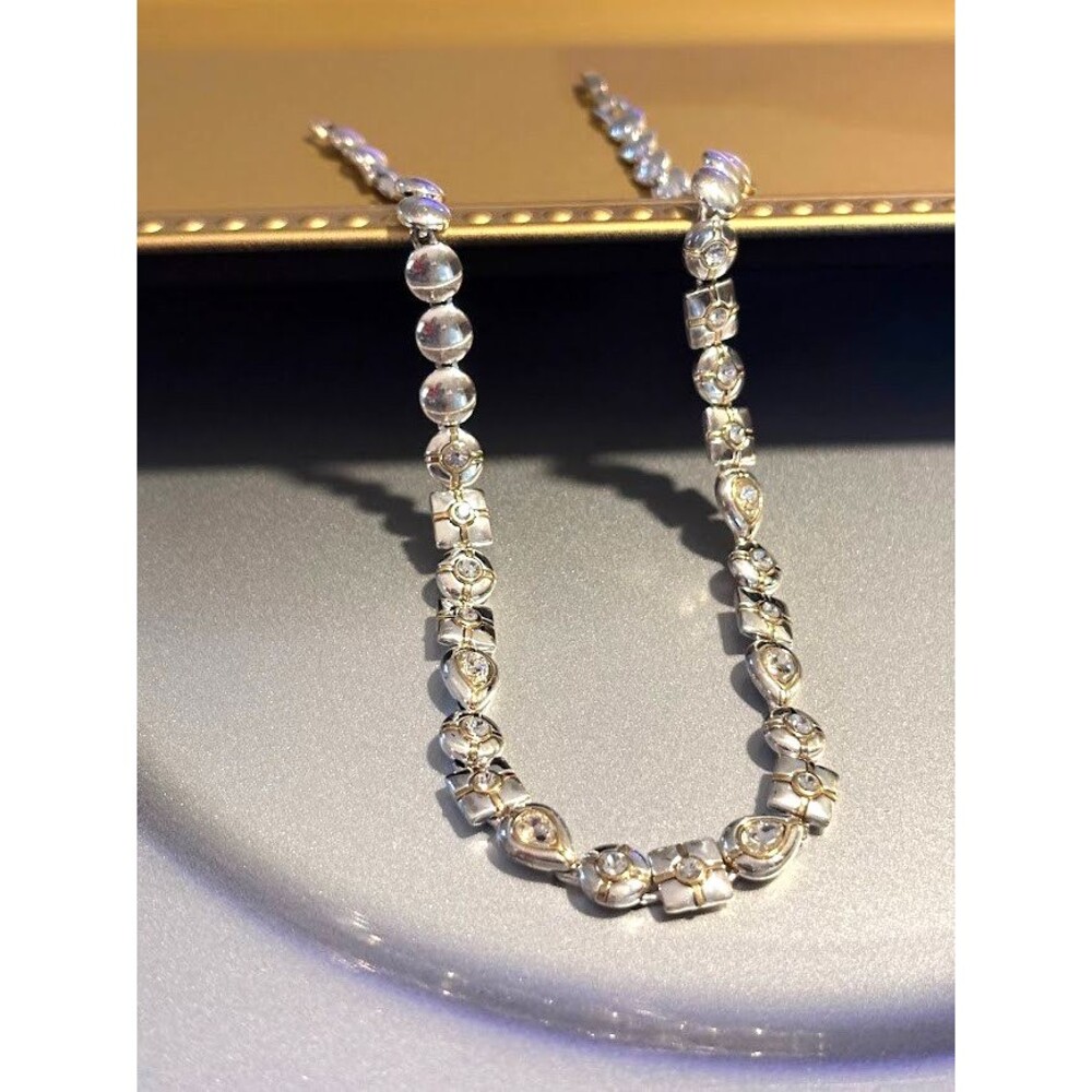 Vintage Signed MONET Silver Tone Gold Accent Clear Rhinestone Necklace 17.5"